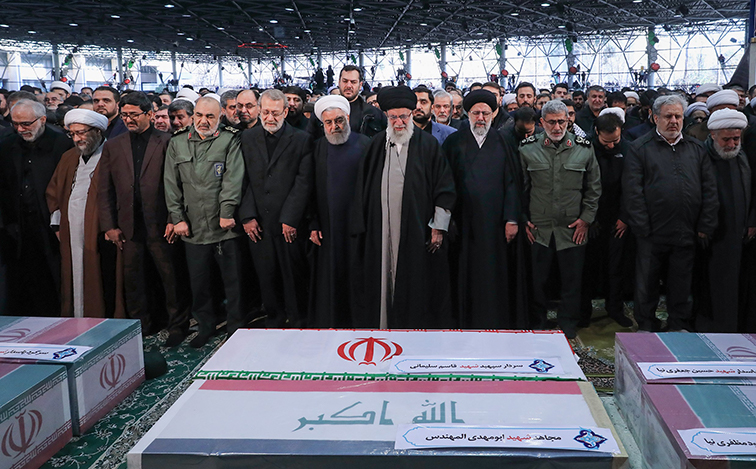 Ayatollah Khamenei, supreme leader of Iran, and other Iranian officials attend the funeral of Qasem Soleimani