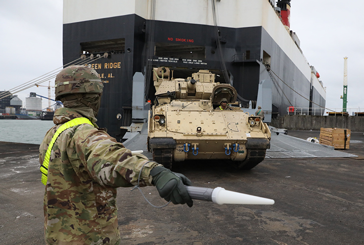 A Soldier with the 838th Transportation Battalion