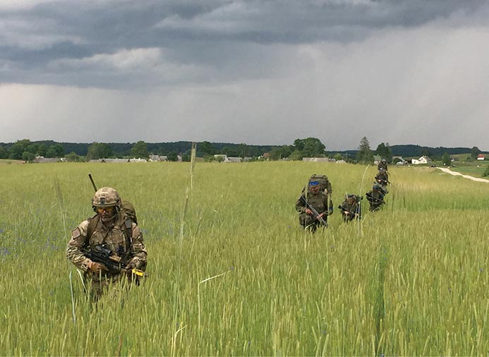 A marine from X-Ray Company, 45 Commando British Royal Marines leads a patrol 17 June 2017 