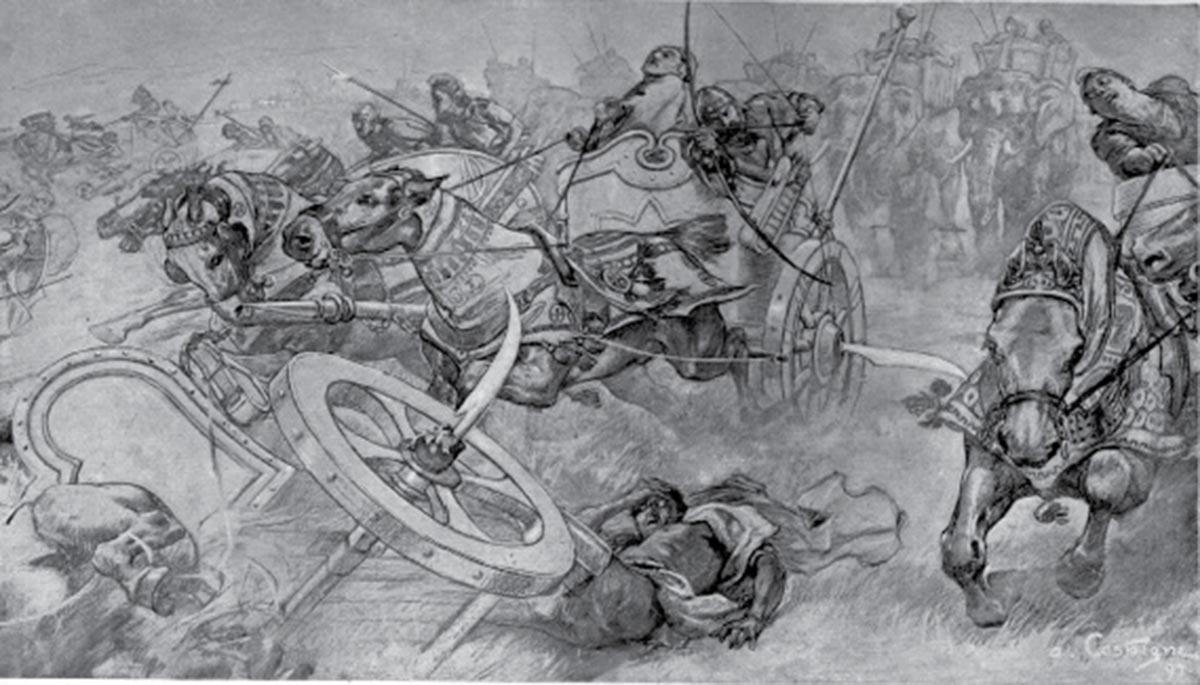 Andre Castaigne, The Charge of the Persian Scythed Chariots At the Battle of Gaugamela