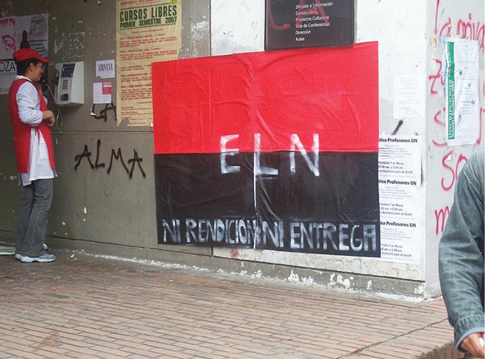  National Liberation Army (<em>Ejército de Liberación Nacional</em>) guerrilla poster 7 March 2007 at the León de Greiff Auditory, National University of Colombia in Bogotá.