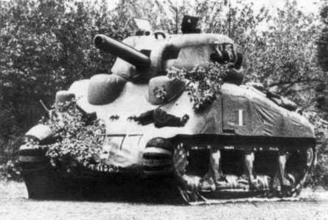 An inflatable “dummy” M4 Sherman tank circa January 1944 of the type used in concentrated areas to deceive the German leadership that the invasion of Europe would be directed at the narrow crossing from England to Calais, France.