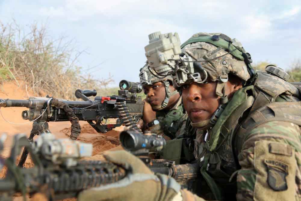 U.S. soldiers assigned to the 1-502nd Infantry Regiment, 2nd Brigade Combat Team, 101st Airborne Division (Air Assault), provide security 15 July 2017 during simulated force-on-force training exercise as part of Network Integration Evaluation (NIE) 17.2 at Fort Bliss, TX.