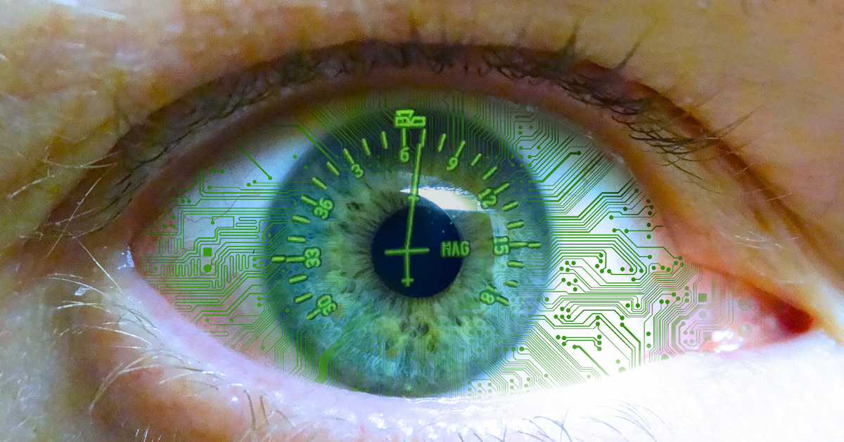A composite graphic of a human eye with a cyber overlay