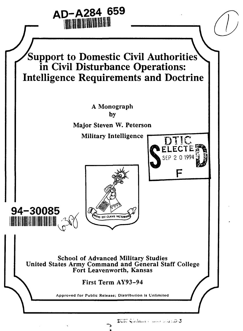 Support to Domestic Civil Authorities in Civil Disturbance Operations:  Intelligence Requirements and Doctrine