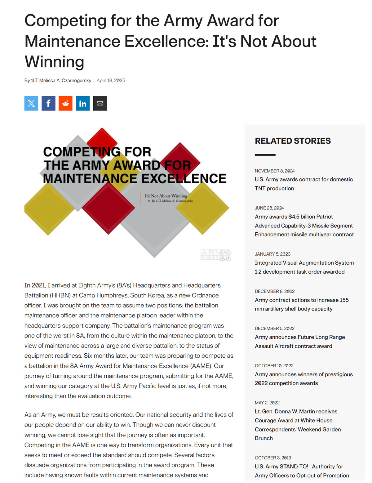 Read the article 'Competing for the Army Award for Maintenance Excellence: It’s Not About Winning