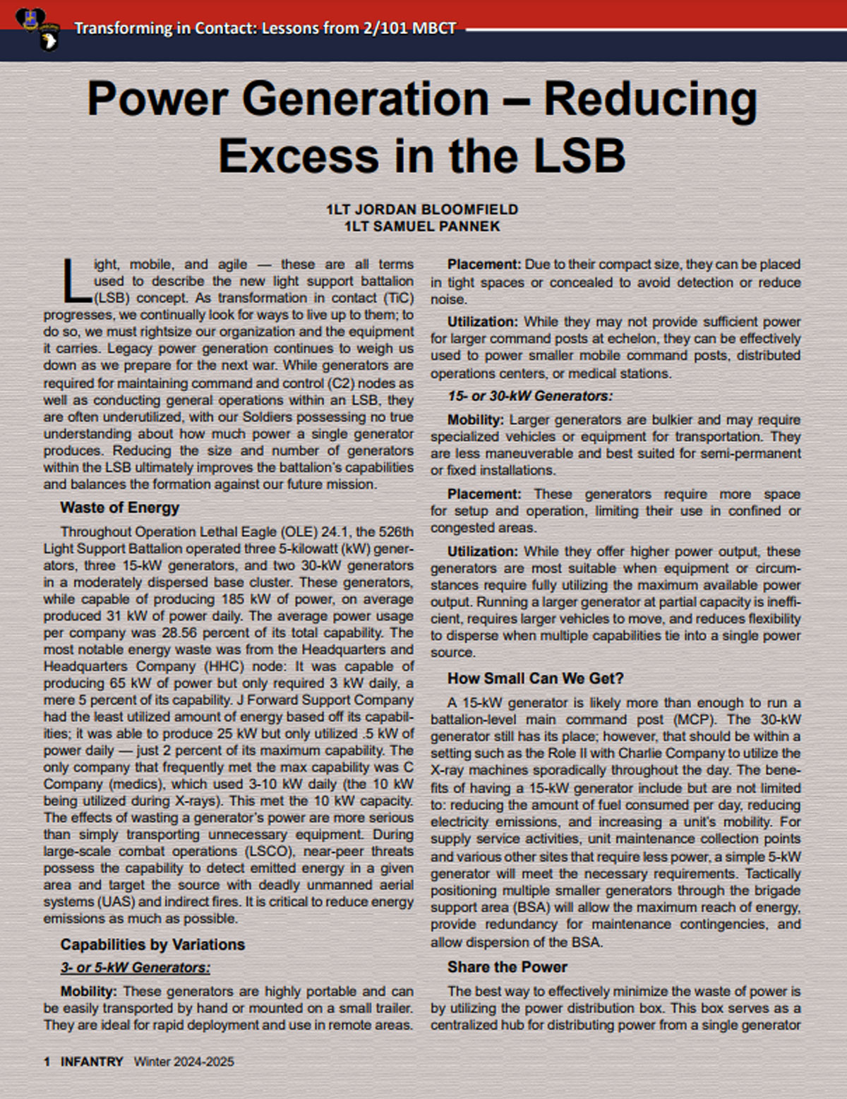 Power Generation – Reducing Excess in the LSB