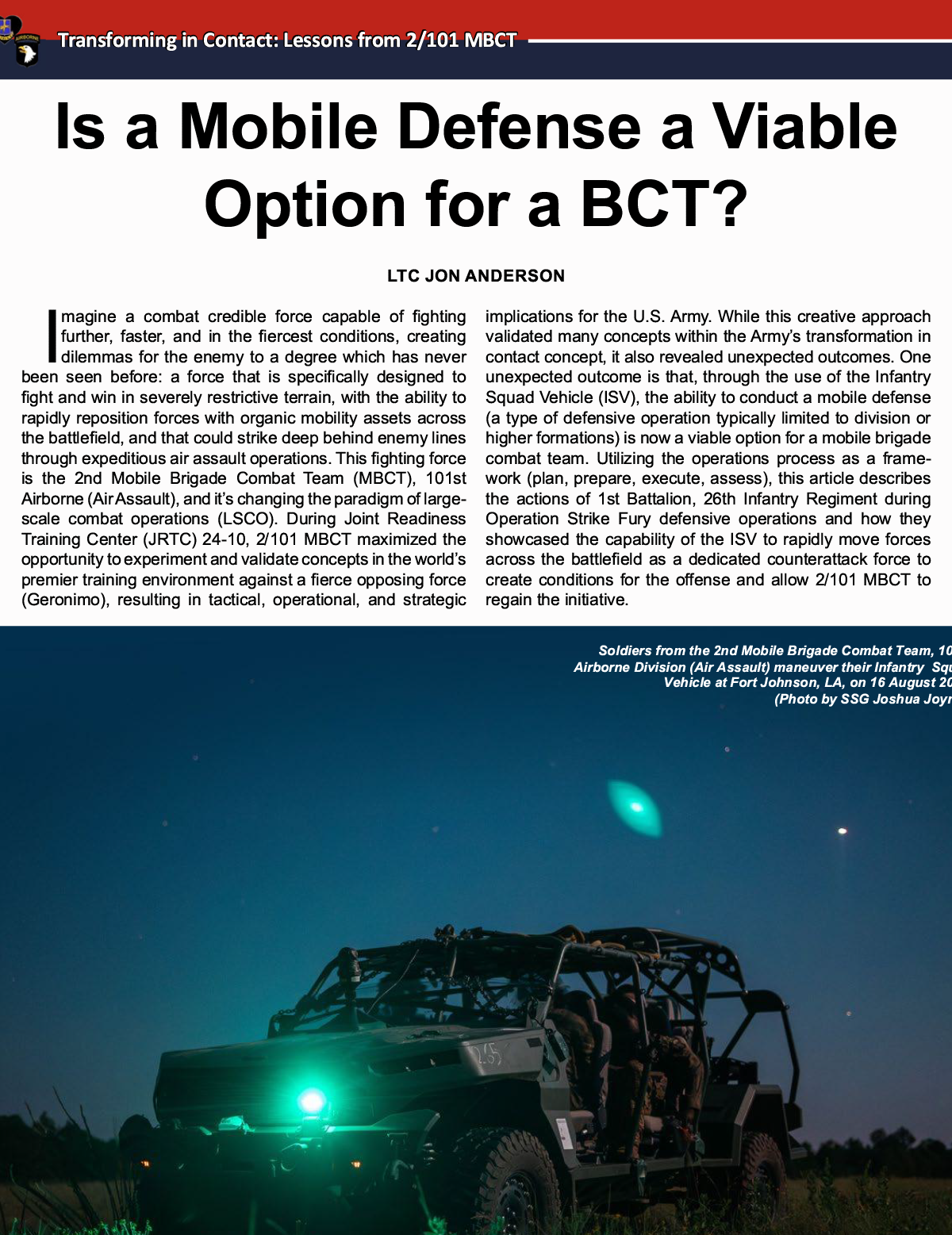 Is a Mobile Defense a Viable Option for a BCT?