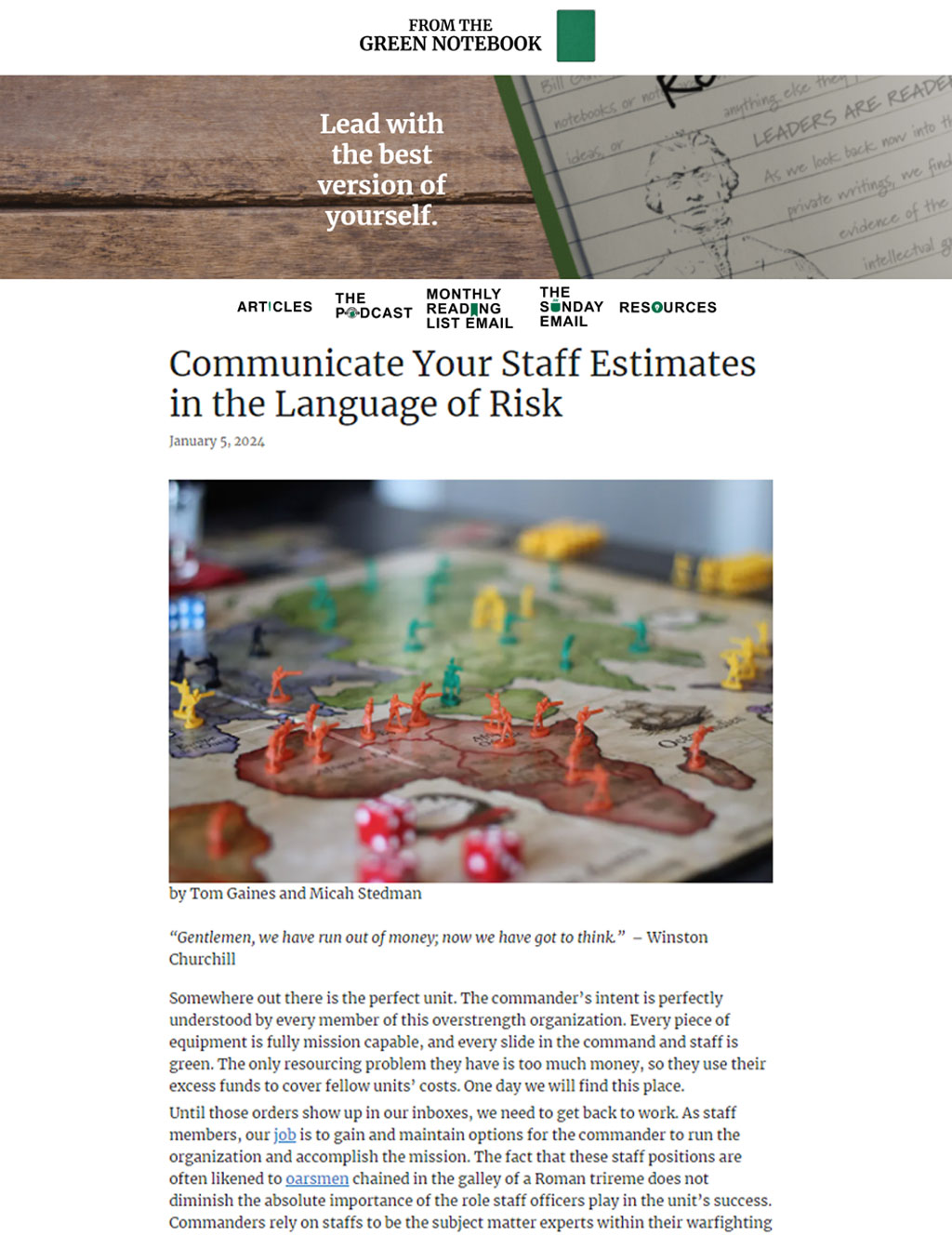 The image is a webpage snapshot titled Communicate Your Staff Estimates in the Language of Risk dated January 5, 2024, with an article excerpt and a photo of a military strategy board game, from The Green Notebook website.