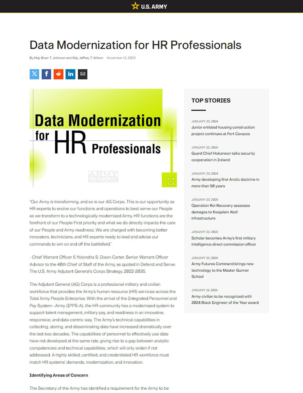 The image shows an article from the U.S. Army website dated November 15, 2023, titled Data Modernization for HR Professionals. The page includes social media sharing icons, an image with the title, a snippet of the article discussing the transformation of HR functions within the Army, and a sidebar featuring Top Stories related to the U.S. Army.