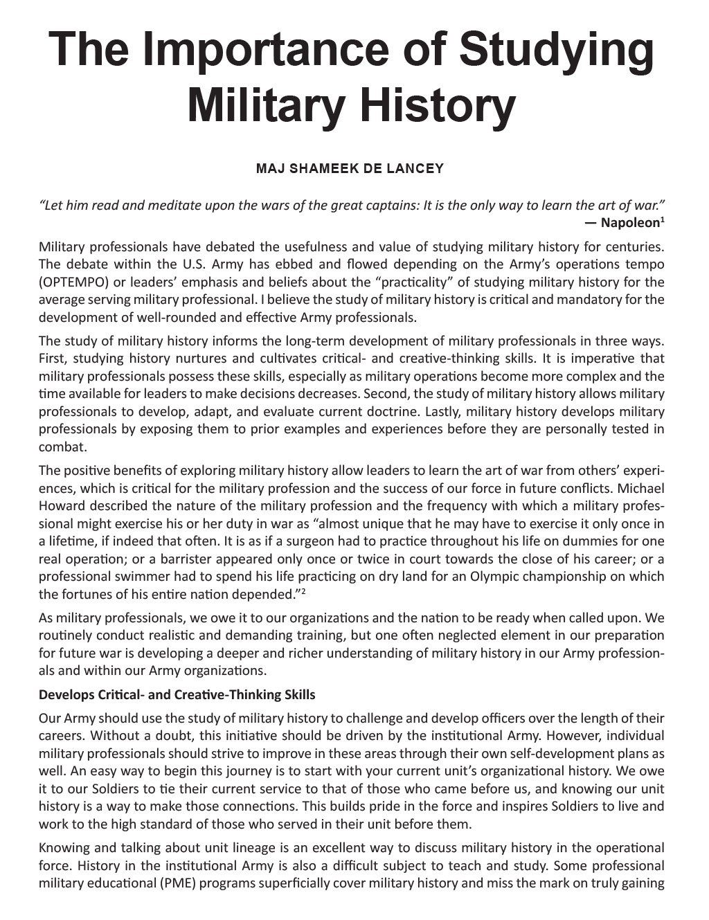 The image is a page containing an article titled The Importance of Studying Military History by MAJ Shameek De Lancey.