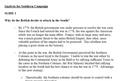 American Revolution - Southern Campaign Analysis