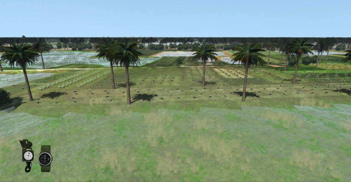 Simulation scene of flooded fields lined with palm trees, grid of markers on the ground, and compass and watch icons overlay