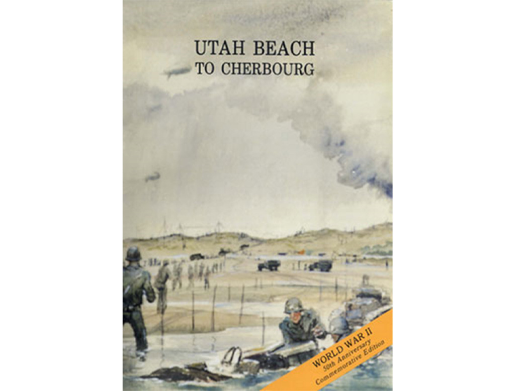 The image shows a watercolor painting of a World War II scene with the title Utah Beach to Cherbourg at the top. It depicts soldiers landing on a beach with vehicles and ships in the background, under a cloudy sky. The bottom overlay text reads World War II 50th Anniversary Commemorative Edition.