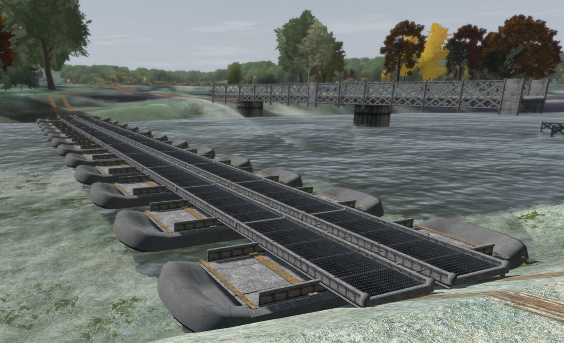 Computer-generated image of a floating military pontoon bridge crossing a river with a permanent bridge in the background.