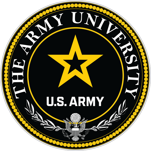 The emblem of The Army University, featuring a central gold star, the inscription US Army, and laurel branches on a black background encircled by a gold rim with the university's name