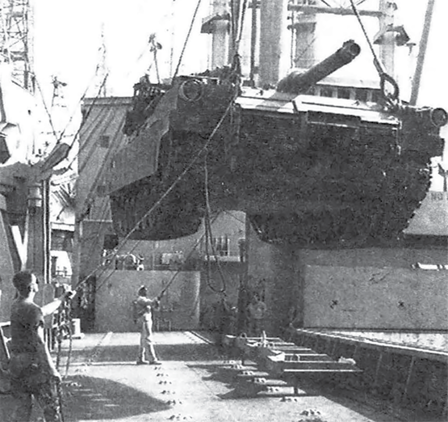 Offloading of 3d Armored Division tanks at Ad Dammam, Saudi Arabia, December 1990.