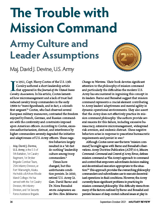 The Trouble with Mission Command: Army Culture and Leader Assumptions