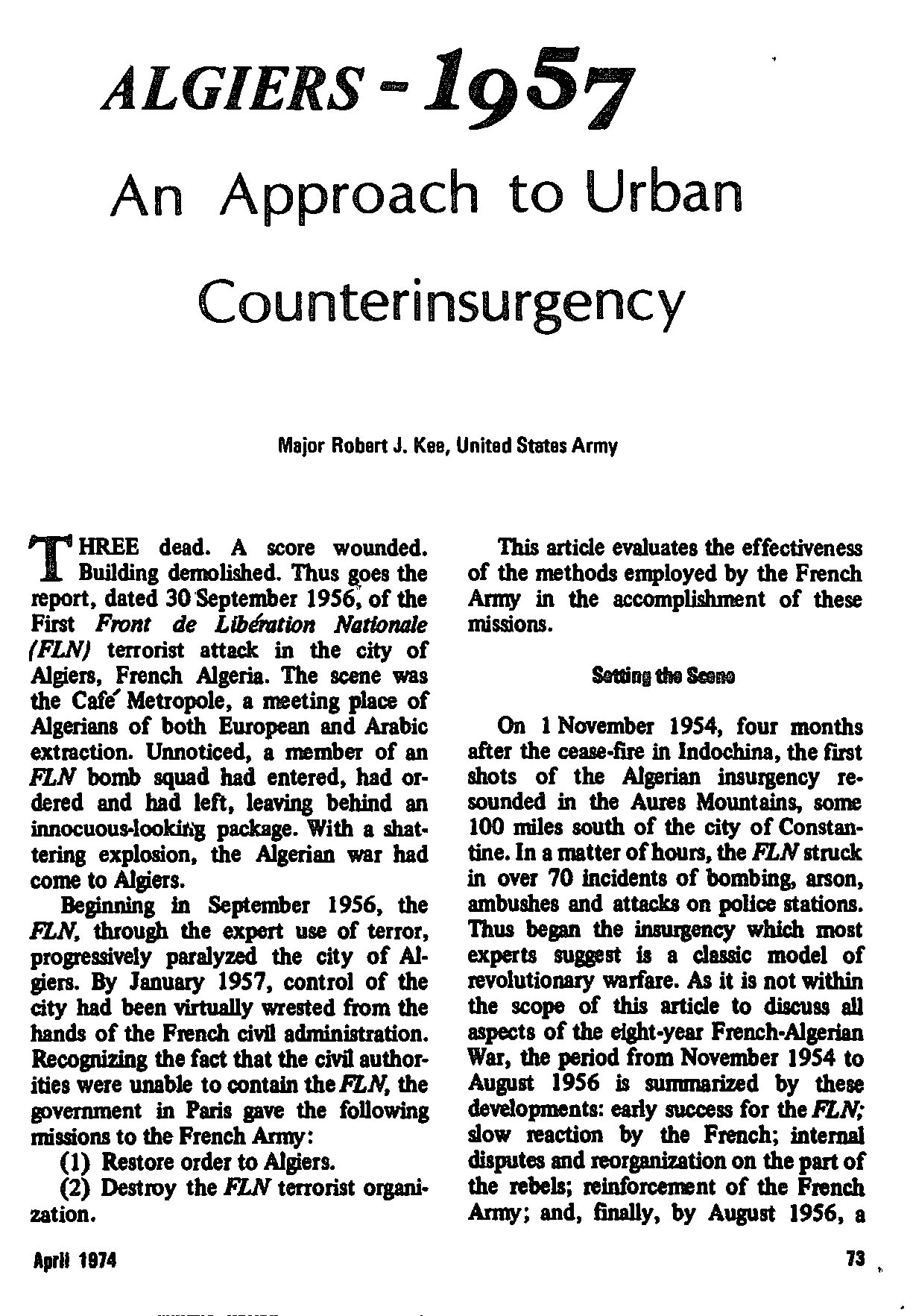 Algiers -1957: An Approach to Urban Counterinsurgency