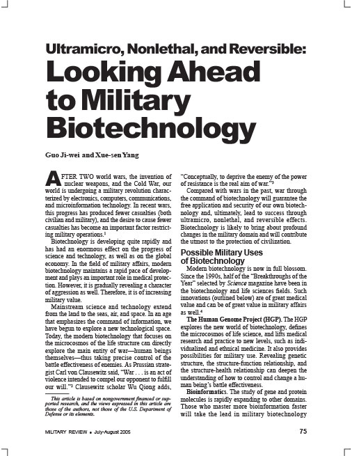 Ultramicro, Nonlethal, and Reversible: Looking Ahead to Military Biotechnology