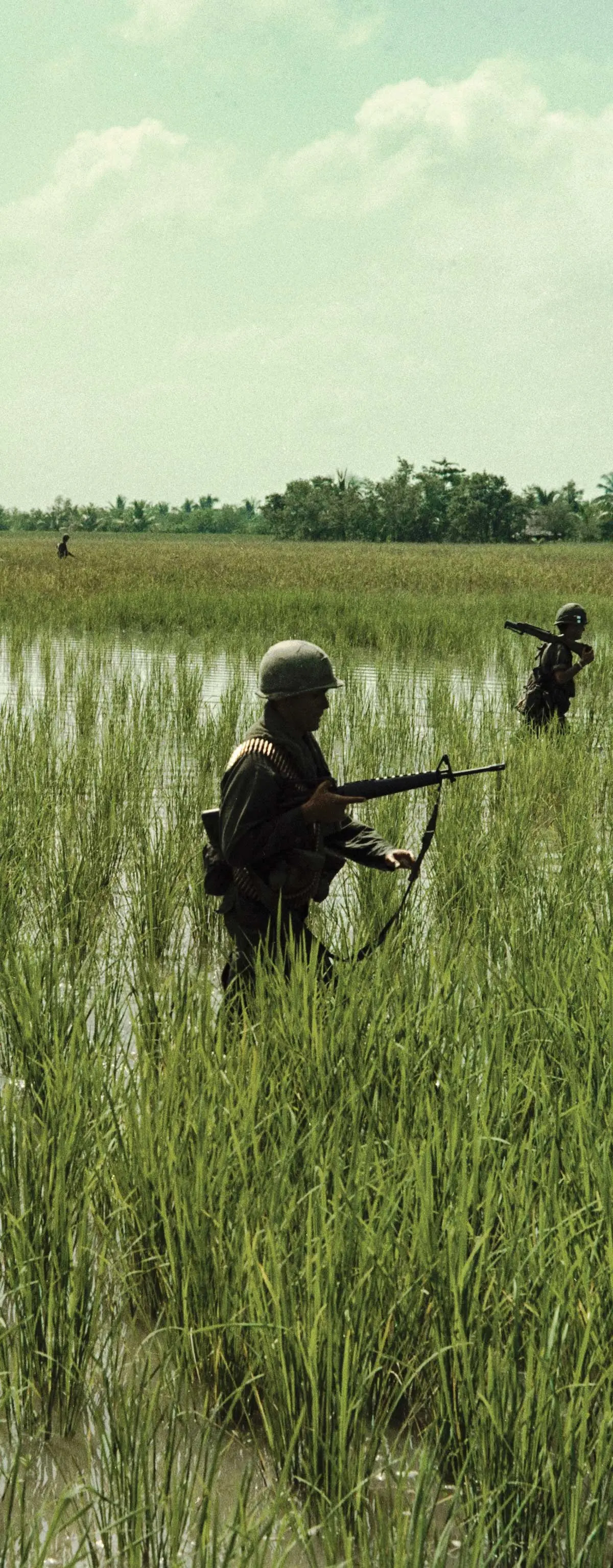Members of Company C, 3rd Battalion, 7th Infantry, 199th Light Infantry Brigade, move in a skirmish line through rice paddies en route to their first objective, a Viet Cong controlled village, on 21 November 1967
