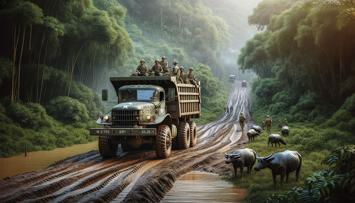 A depiction of the author driving a dump truck in Vietnam near a herd of water buffalo