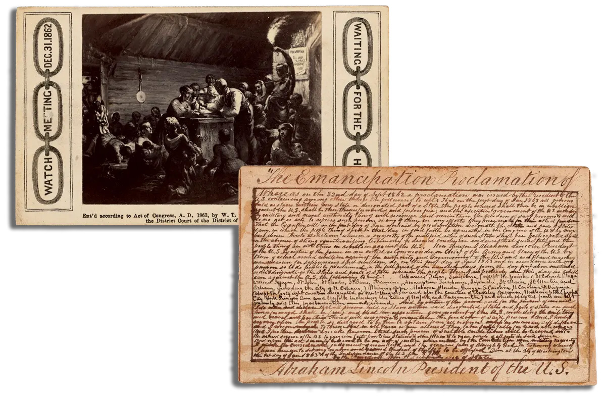 Top photo A group of African Americans gathered around a man with a pocket watch, Right photo Handwritten text of the Emancipation Proclamation on a card