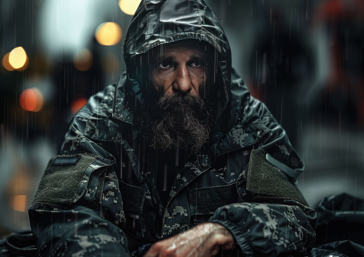 In this AI generated image, a veteran sits in the rain while wearing a green camouflage rain jacket.