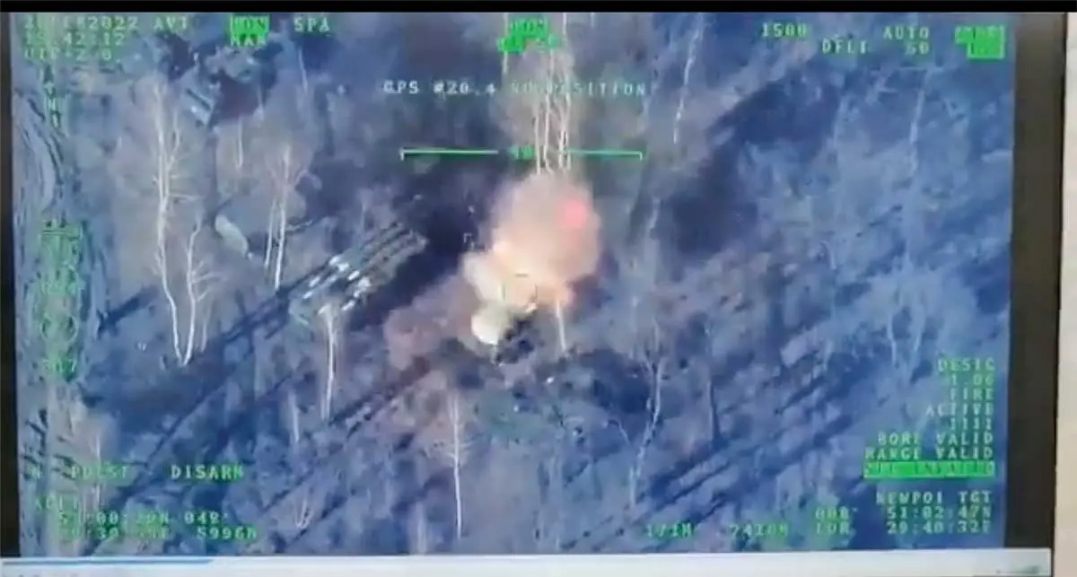 A video feed from a Ukrainian TB-2 shows it guiding a missile onto a Russian Buk M-3 air defense system outside Kyiv on 28 February 2022. The missile struck and destroyed the Buk system. (Screenshot courtesy of the Ministry of Defence of Ukraine via Twitter)