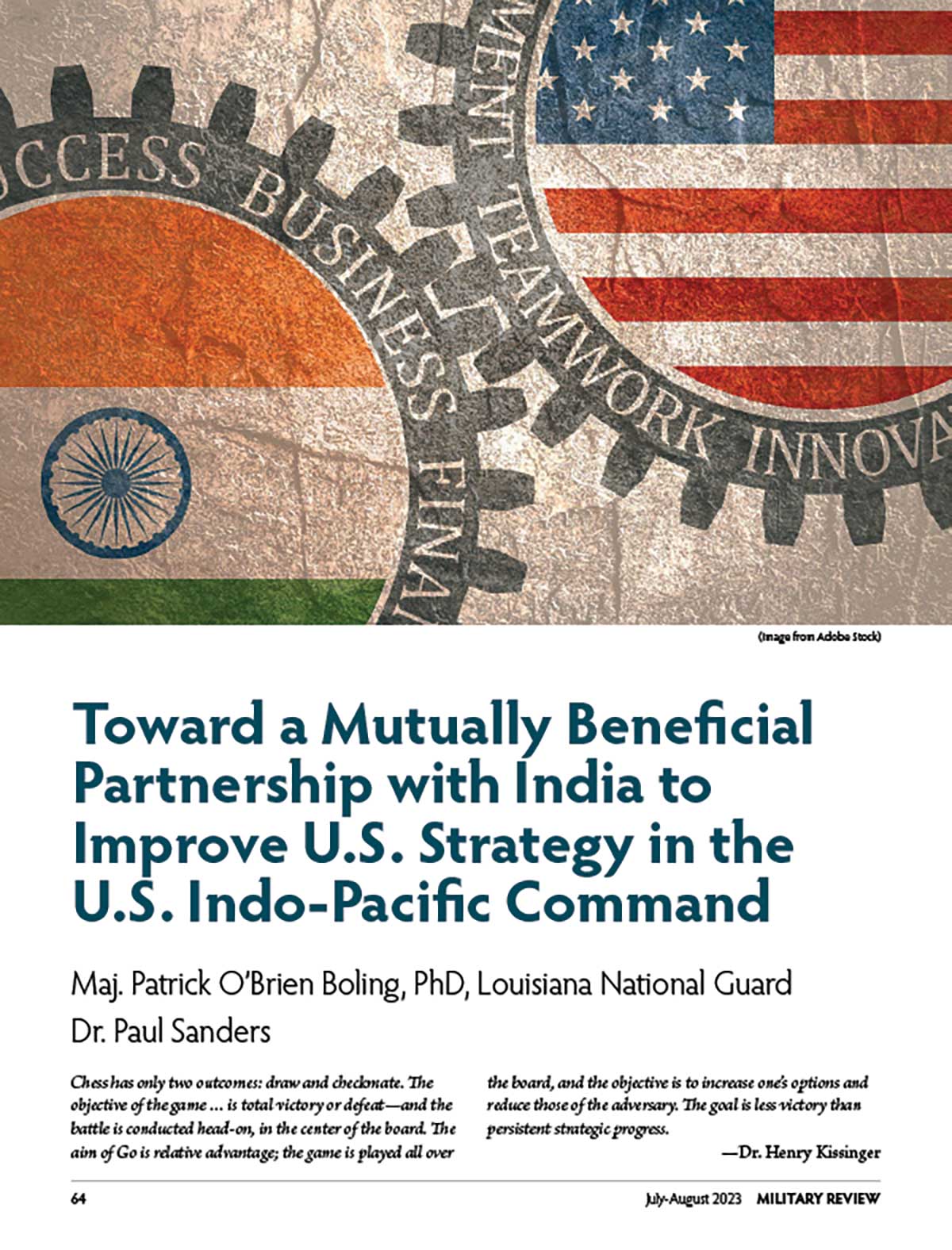 Illustration of interlocking gears with the flags of India and the United States, representing collaboration in U.S. Indo-Pacific strategy.