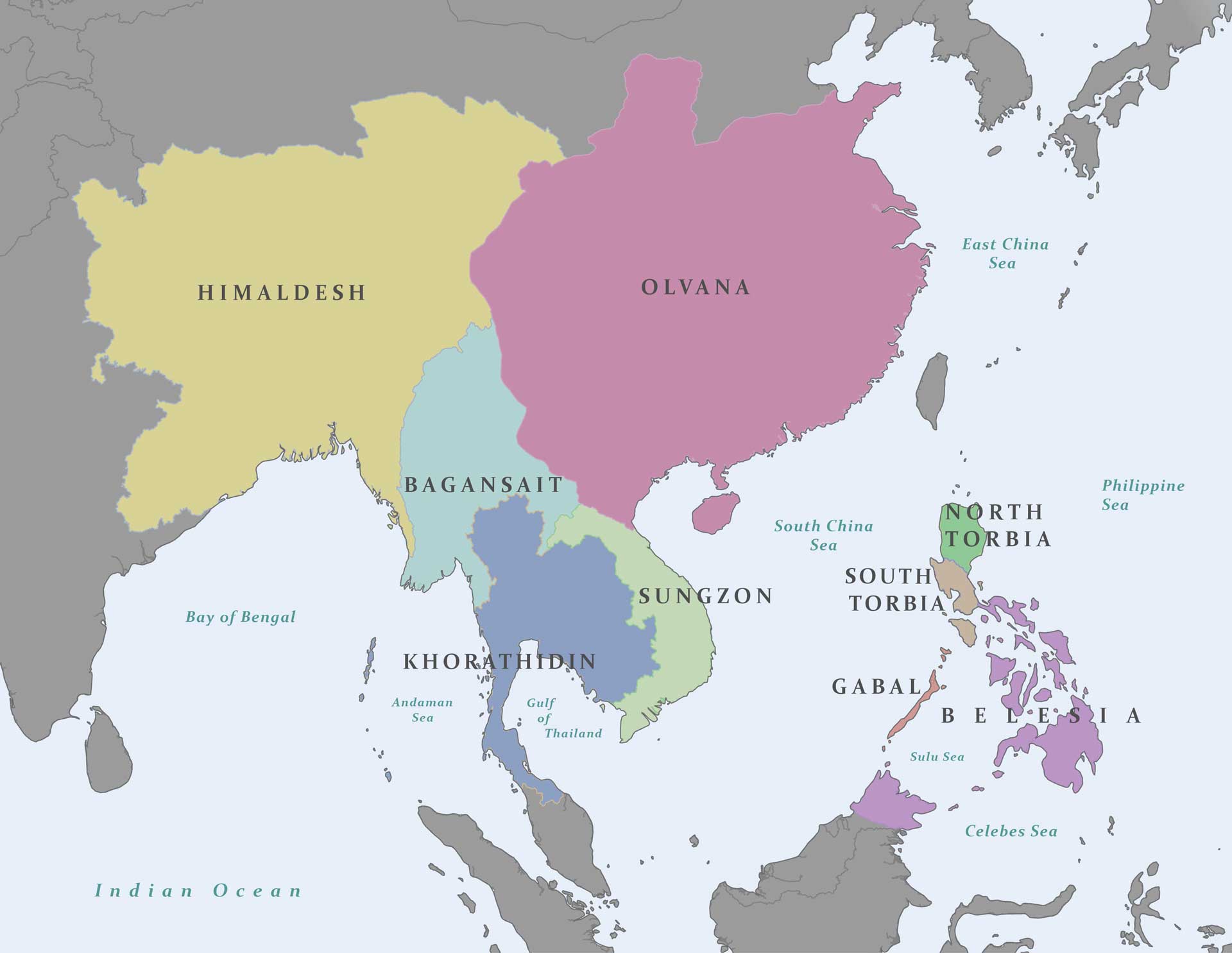 A fictional map of Southeast Asia displaying countries with made-up names like Olvana and South Torbia, and labeled bodies of water such as the Bay of Bengal and South China Sea.
