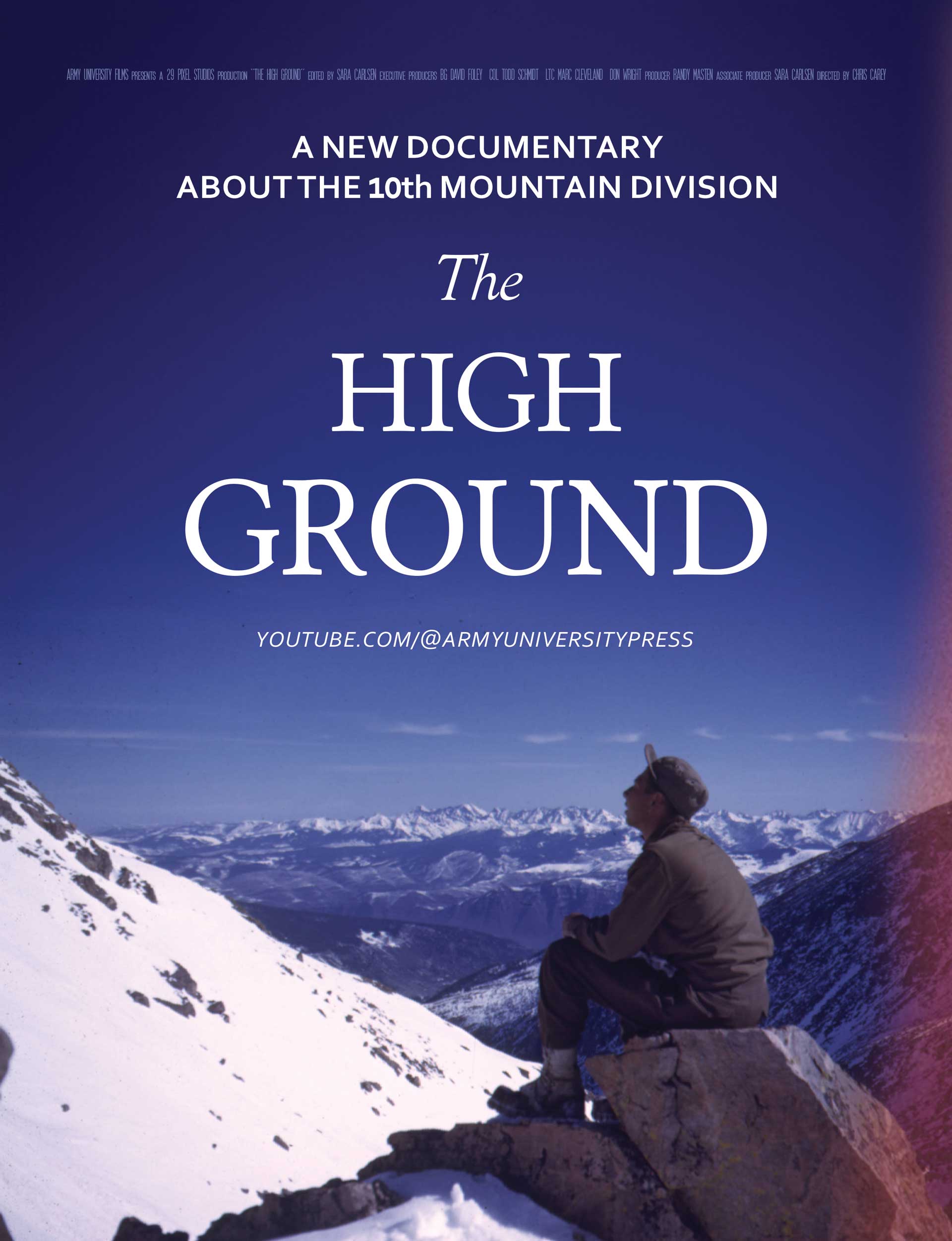 Promotional poster for a documentary titled The High Ground about the 10th Mountain Division, featuring a soldier sitting on a snow-covered mountain looking out over distant peaks.