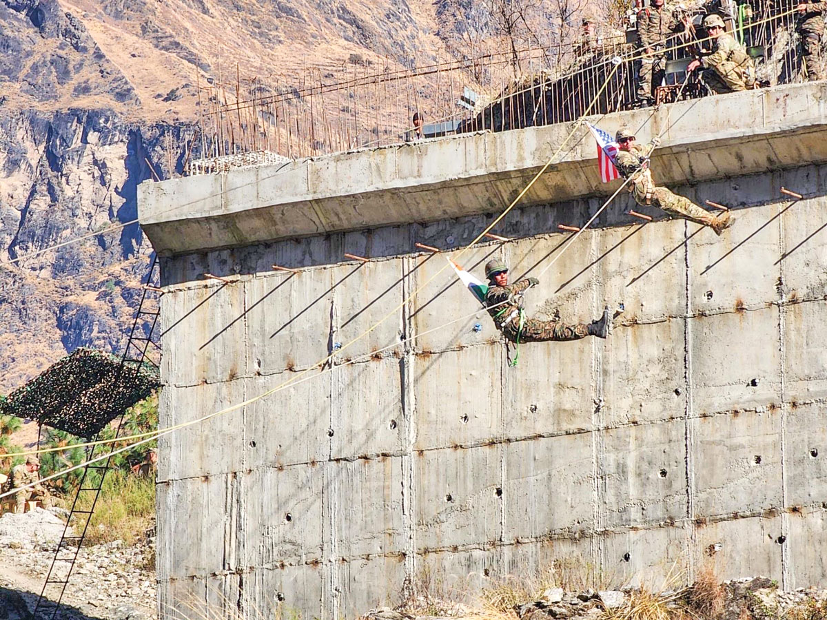 rope bridge that was constructed to replace a simulated bridge destroyed by flooding during the humanitarian relief mission of the field training exercise phase of Exercise Yudh Abhyas 2022 in Auli, India