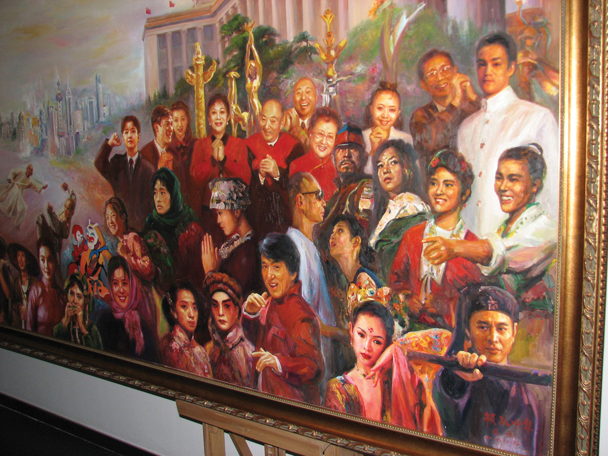A patriotic painting of Chinese movie stars. The Chinese government goes to great lengths to control the narrative of China in the United States and to the entire world.