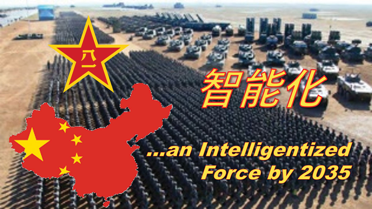 The image depicts a large military formation with a superimposed red star and the outline of China, along with Chinese characters and the English text ...an Intelligentized Force by 2035.