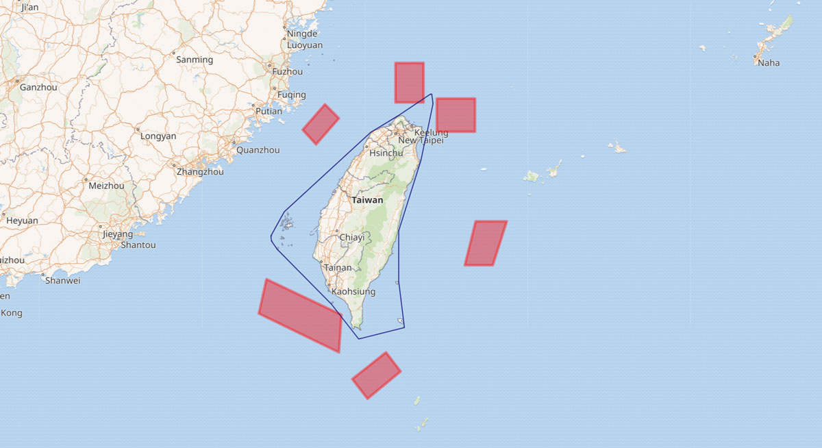 This image displays a map highlighting Taiwan with its major cities labeled, surrounded by red shapes over the sea, possibly indicating zones of interest or maritime boundaries. The map context suggests geopolitical or defense-related content.