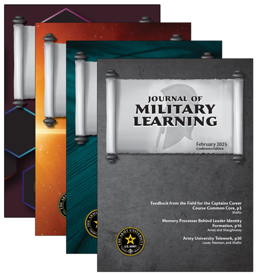 A collection of four Journal of Military Learning covers stacked.