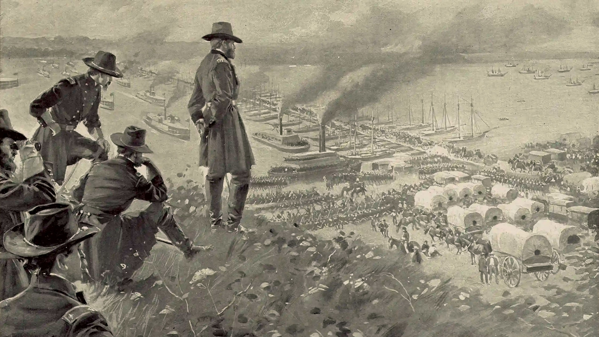Gen. Ulysses Grant Observe from a hilltop as troops, wagons, and steamboats assemble at a bustling riverside encampment during the American Civil War.