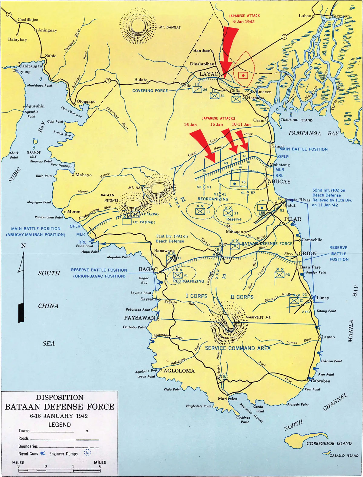 Military map showing the disposition of Bataan Defense Force in the Philippines from January 6–16, 1942, highlighting Japanese attack directions with red arrows, American and Filipino defensive positions, and key geographic and strategic locations.