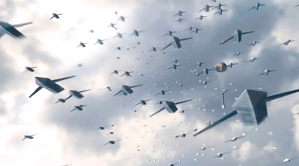 Concept art showing a notional swarm of unmanned aerial vehicles.