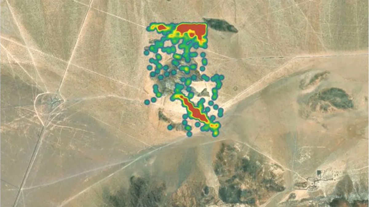 A satellite image shows the electronic emissions signature of a battalion-size element training in May 2020