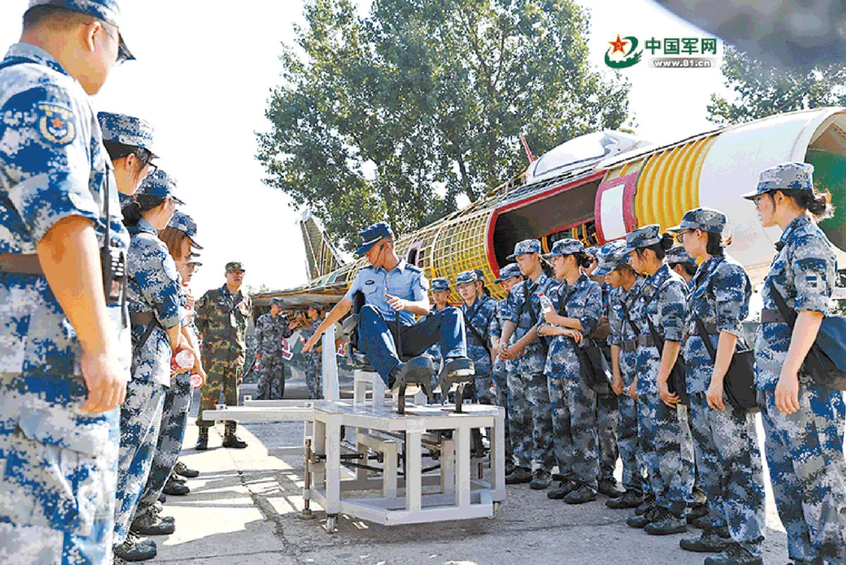 Students attending the 5th National Student Military Training Camp receive a briefing on aviation weapons and equipment at the Engineering University of the People’s Liberation Army Air Force. The training camp was held from 31 July to 11 August 2018. (Photo by Lin Congyi, China Military Online)