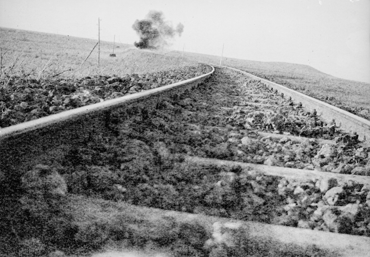 A bomb explodes on the Hejaz railway line circa 1917 near Daraa, Syria, during one of the numerous sabotage raids carried out by T. E. Lawrence