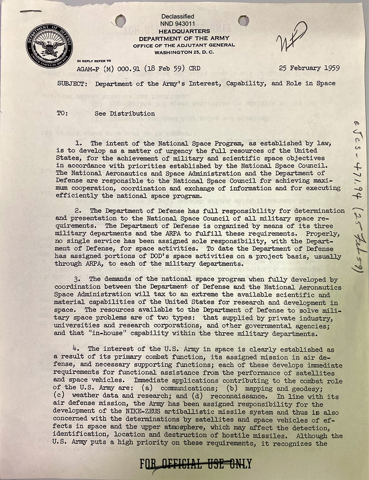 Department of the Army’s Interest, Capability, and Role in Space