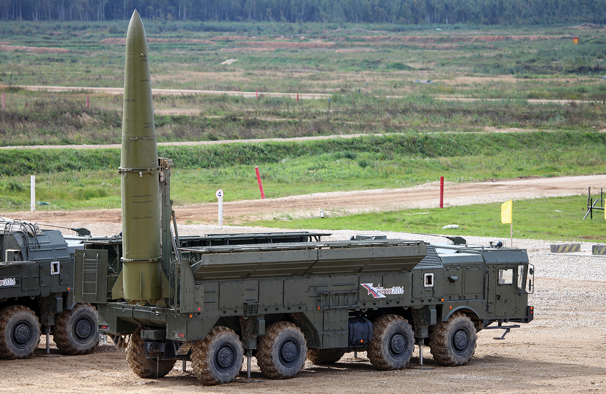 A self-propelled launcher 9P78-1 OTRK 9K720 Iskander-M with a 9M723K5 missile. The short-range ballistic missiles can reach hypersonic speeds of 2,100 to 2,600 meters per second