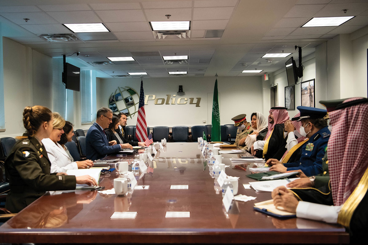 Dr. Colin H. Kahl, undersecretary of defense for policy, greets Prince Khalid bin Salman, Saudi Arabia’s vice minister of defense, 6 July 2021 at the Pentagon, Washington, D.C.
