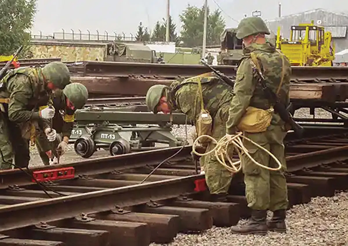 Soldiers training on a railway