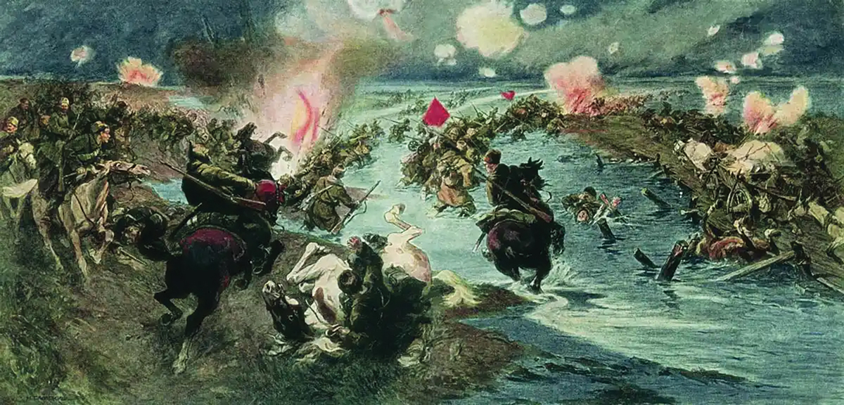 Historical painting of the Red Army crossing a shallow water body under gunfire, with soldiers on horseback and on foot, amidst smoke and explosions.