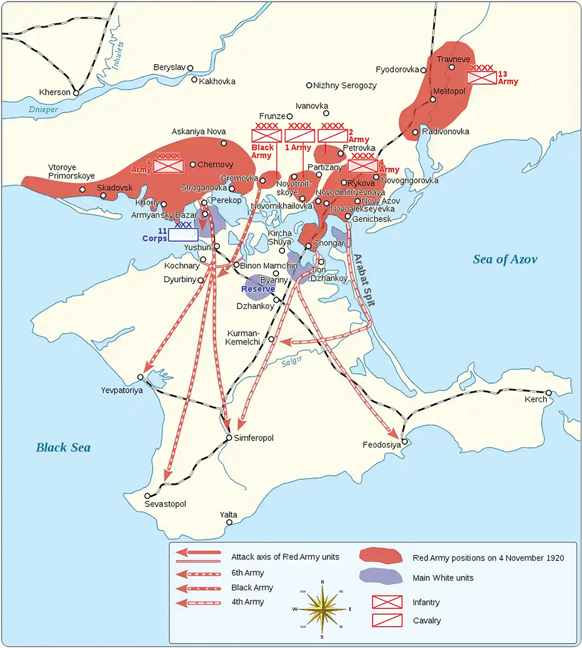 Map showing military positions and movements during a historical battle with red and blue markings for different armies, arrows indicating attack directions, and labels for geographic locations.