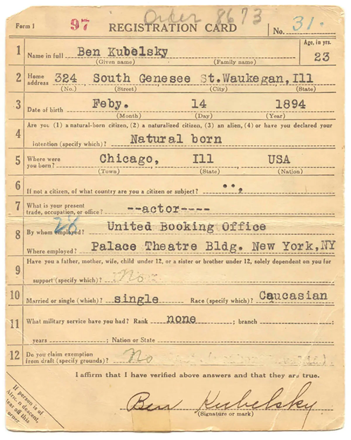 World War I draft card